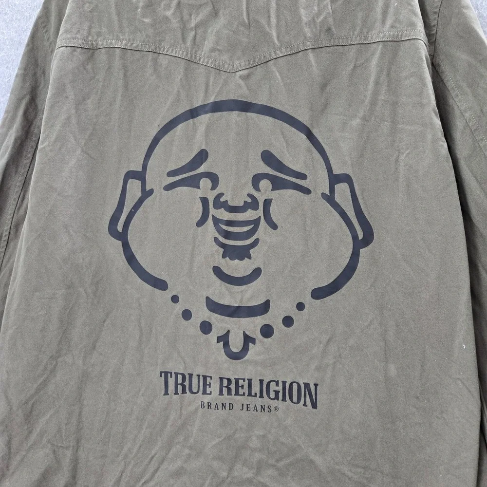 True Religion Men Jacket Medium Green Military Logo Buddha‎ Long Sleeve